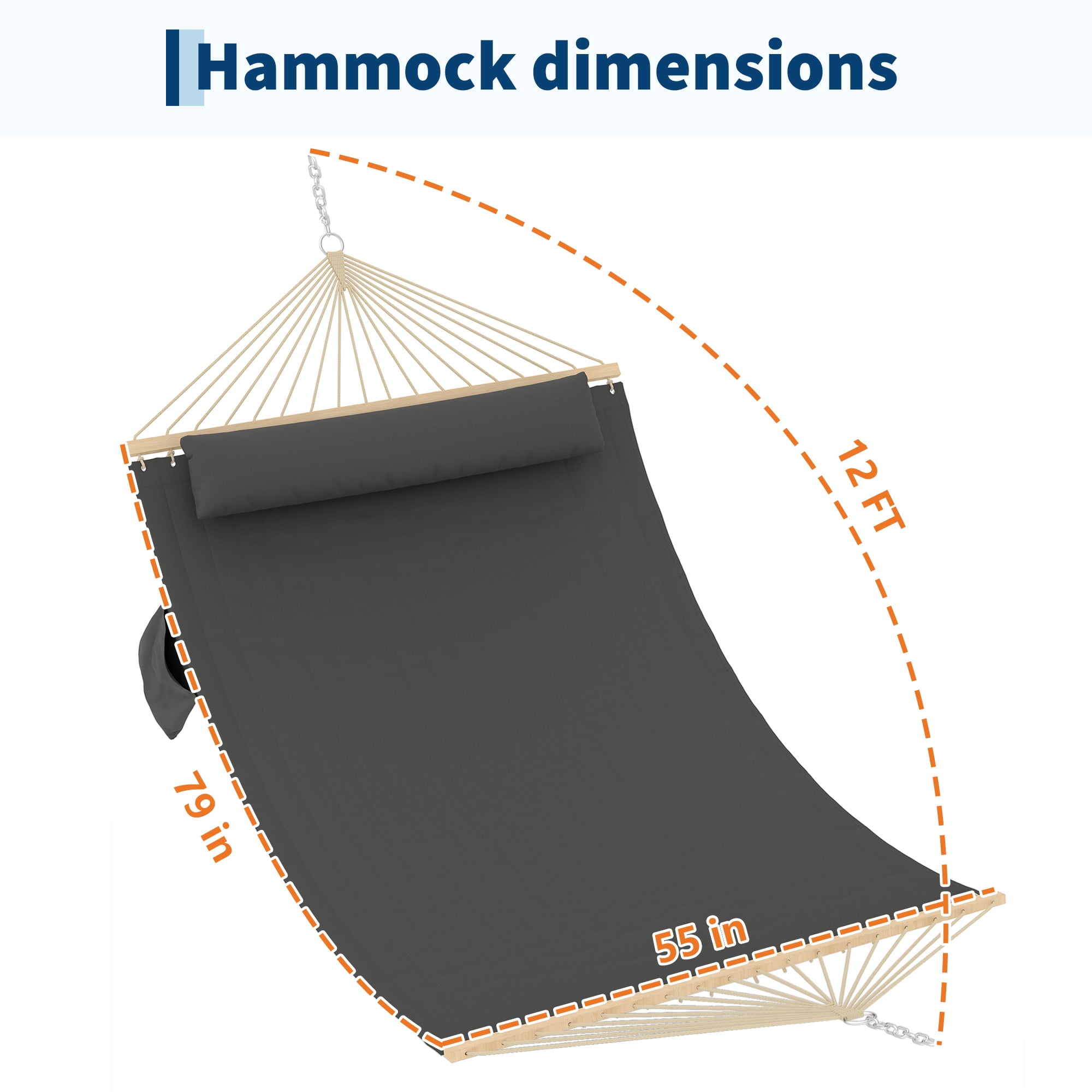 Kicctian Double Quilted Hammock for 2 Adults, Large Outdoor Patio Swing Bed with Hardwood Spreader Bars and Pillow, 450lbs Capacity, for Backyard or Poolside