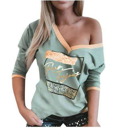 

Ziloco Women Casual Long Sleeve V-Neck Printed Tops Patchwork Blouse T-Shirt mesh long sleeve tops for women maternity tops Blue L