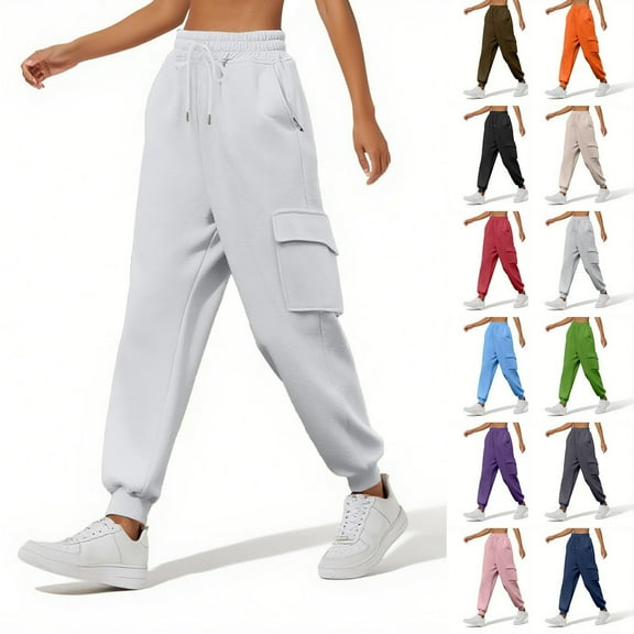 Ashirexll Winter Women Pants Wide Leg Pants Elastic Lace Up Casual Solid Color High Waisted Zipper Pocket Tapered Sweatpants