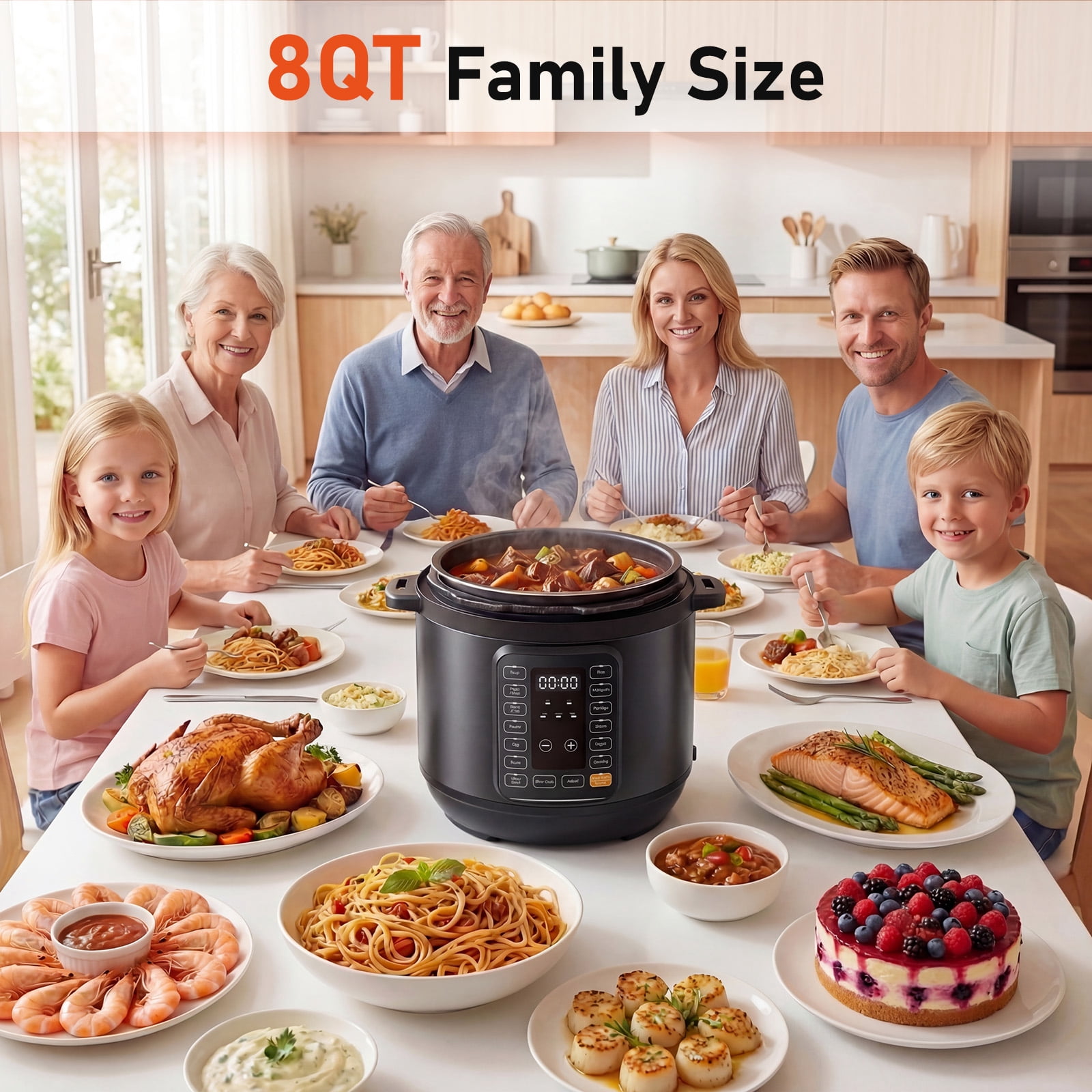 EDX Instant Cooker 8 Quart Electric Pressure Cooker Multi-Function Features & Stainless Steel Pot, Black