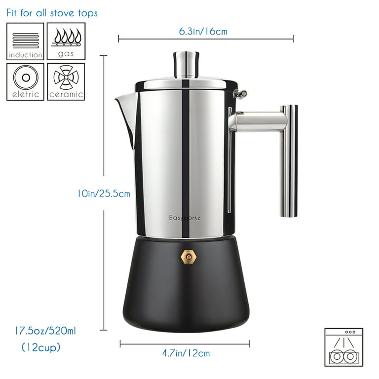 Easyworkz Diego 12 Cup Stovetop Espresso Maker Stainless Steel Italian Coffee  Maker Induction Moka Pot Black, 17.5 oz 