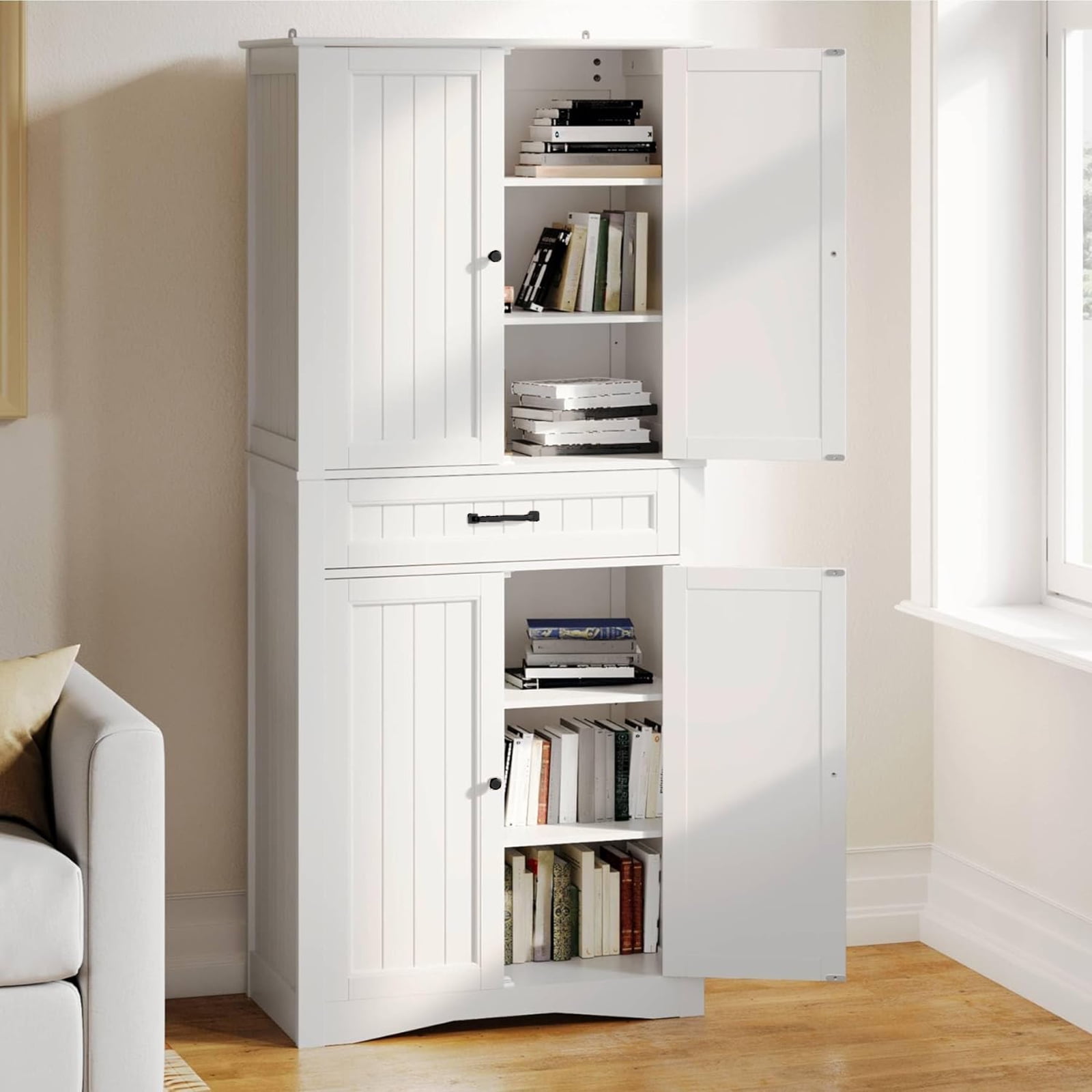 Aiho 71" Kitchen PantryStorage Cabinet with 4 Doors and 4 Adjustable Shelves, White