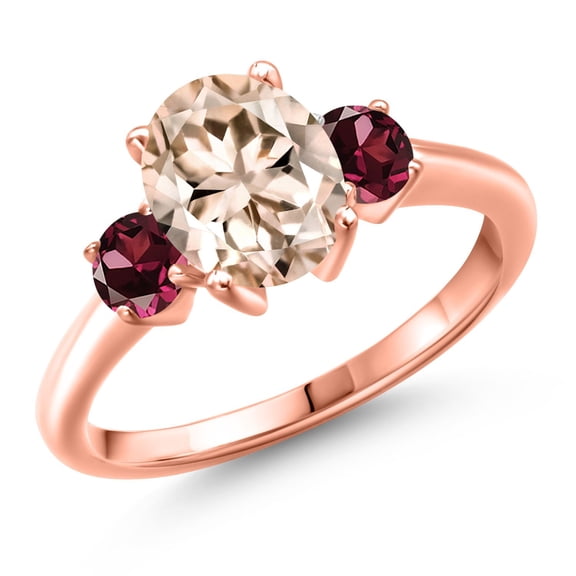 Gem Stone King 18K Rose Gold Plated Silver Peach Morganite and Red Rhodolite Garnet Engagement Ring for Women | 2.34 Cttw | Oval 9X7MM | Gemstone October Birthstone | Size 7