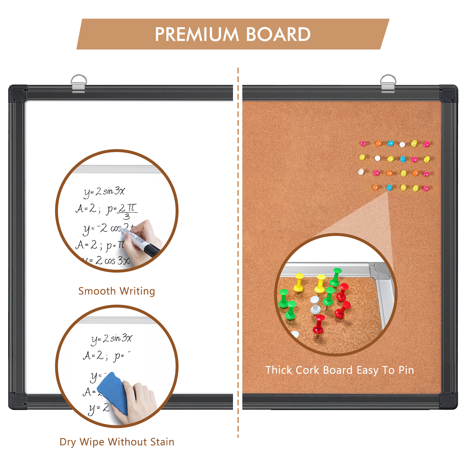 Combination White Board & Bulletin Cork Board Whiteboard Magnetic, Combo Dry Erase Board with Aluminum Frame Hanging Message Board Wall Mounted (24x18inch Black)
