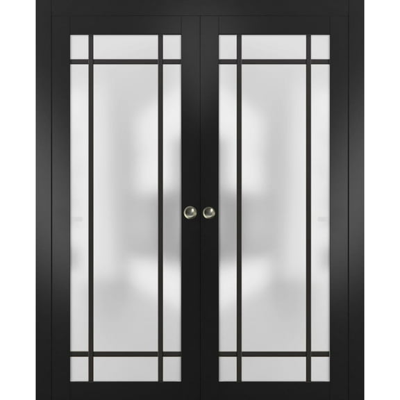Sliding French Double Pocket Doors 36 x 80 inches | Planum 2112 Matte Black Frosted Glass | Kit Trims Rail Hardware | Solid Wood Interior Bedroom Sturdy Doors