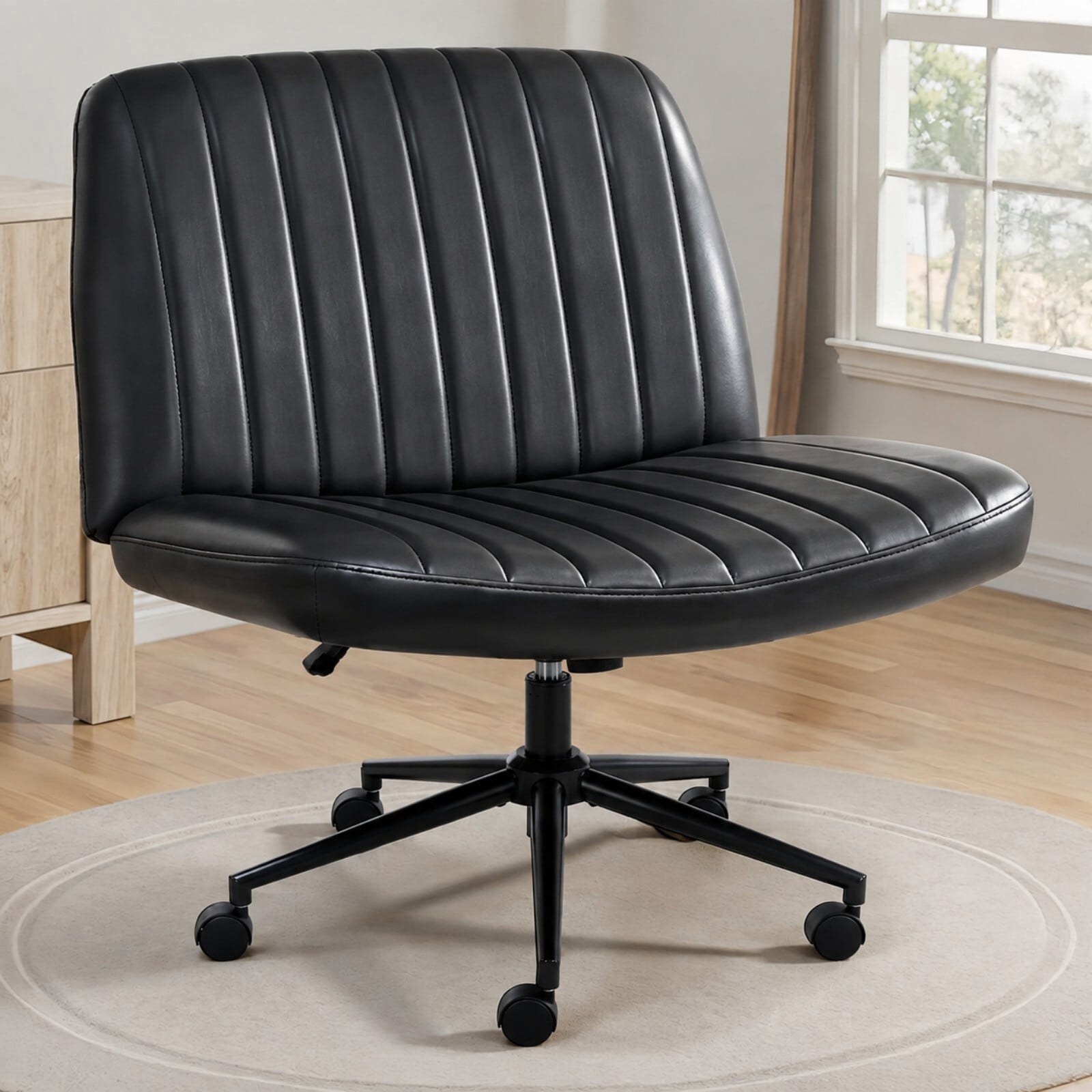Kelno Armless Criss Cross Office Chair with Wheels 300lb Capacity Wide Seat Cross Legged Desk Chair Height Adjustable Swivel Vanity Chair, Black PU
