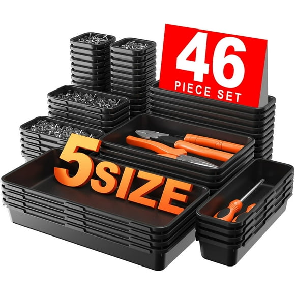 shiyou-A-LUGEI【𝟰𝟲𝗣𝗰𝘀】【𝟱 𝗦𝗶𝘇𝗲】 Desk Drawer Organizer, 【Black】 Tool Box Organizer Tray Divider Set, Garage Organization and Storage Toolbox Accessories Rolling Tool Chest Cart Cabinet WorkBen