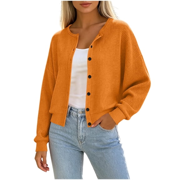 Edvintorg Cropped Cardigan Sweaters for Women Crew Neck Button Down Cardigans Long Sleeve Loose Casual Cardigan Women Clothing S-2XL Orange