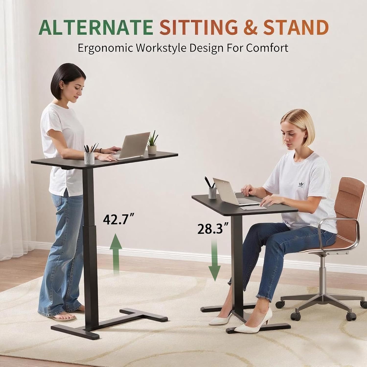 JessieMal Mobile Standing Desk with Wheels,Pneumatic Laptop Desk Height Adjustable,Rolling Teacher Overbed Bedside Table for Home,Office,Classroom,Black