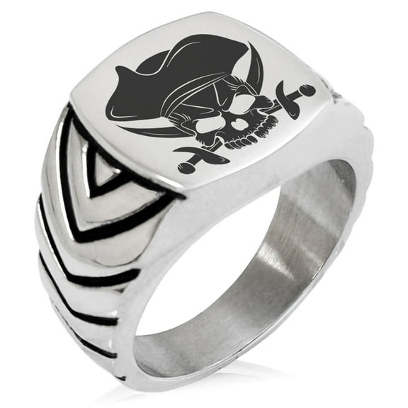 Stainless Steel Pirate Skull & Cross Swords Chevron Pattern Biker Style Polished Ring