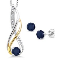 Gem Stone King 1.12 Cttw Blue Sapphire and White Diamond Pendant and Earrings Jewelry Set for Women | 925 Sterling Silver and 10K Yellow Gold | Gemstone Birthstone | With 18 inch Chain