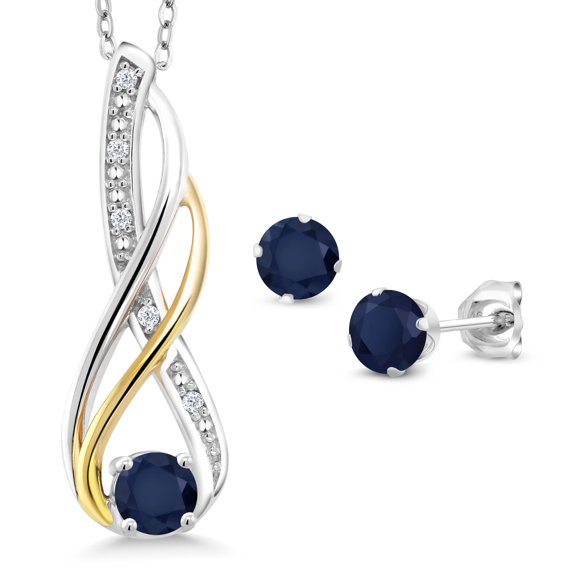 Gem Stone King 1.12 Cttw Blue Sapphire and White Diamond Pendant and Earrings Jewelry Set for Women | 925 Sterling Silver and 10K Yellow Gold | Gemstone Birthstone | With 18 inch Chain