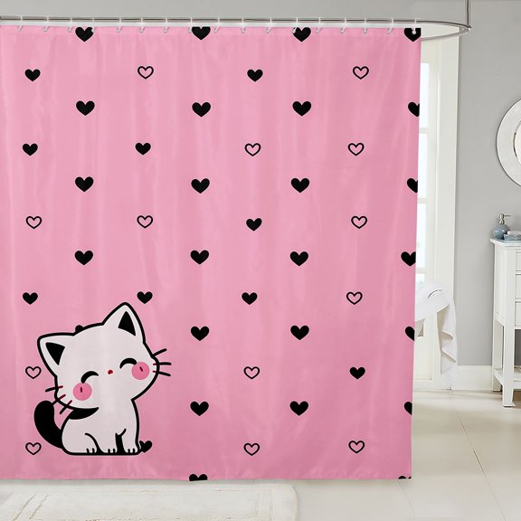 Manfei Kawaii Kitten Shower Curtain 72Wx72L, Sweet Love Heart Doodle Bathroom Curtain, Pink