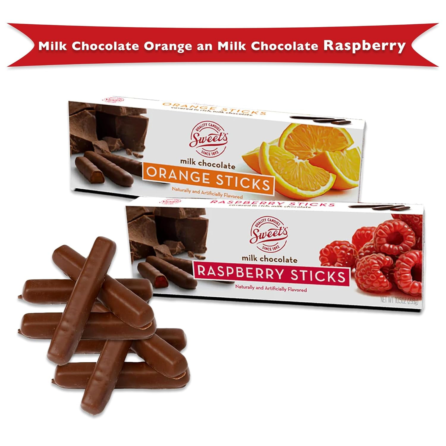 Sweet Candy Milk Chocolate Candy Sticks Variety 2 Pack- Milk Chocolate Orange Sticks and Milk Chocolate Covered Raspberry Jelly Stick