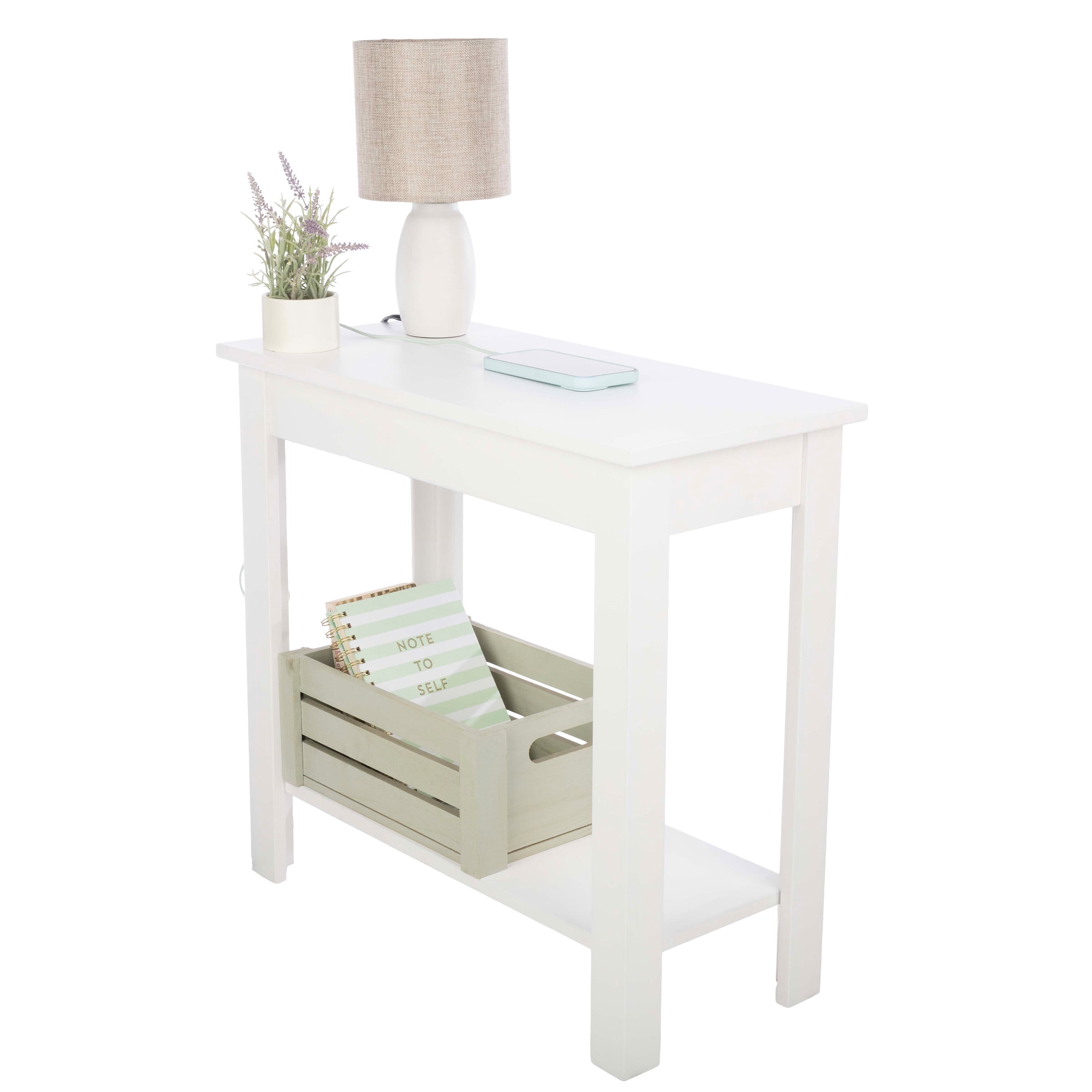 Lavish Home Narrow Side Table with Charging Station and Storage Shelf