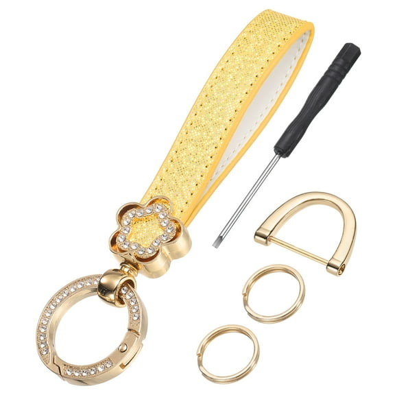Leather Wristlet Keychain, 5.5 Inch Car Key Chain Holder with Key Ring and D Ring, Yellow