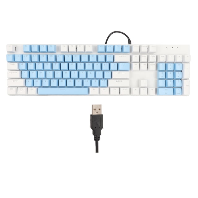 Teclado mecánico para juegos de 104 teclas, 28 modos de retroiluminación, interruptor azul, Plug and Play, RGB, con cable, para Windows y Linux, azul y blanco.