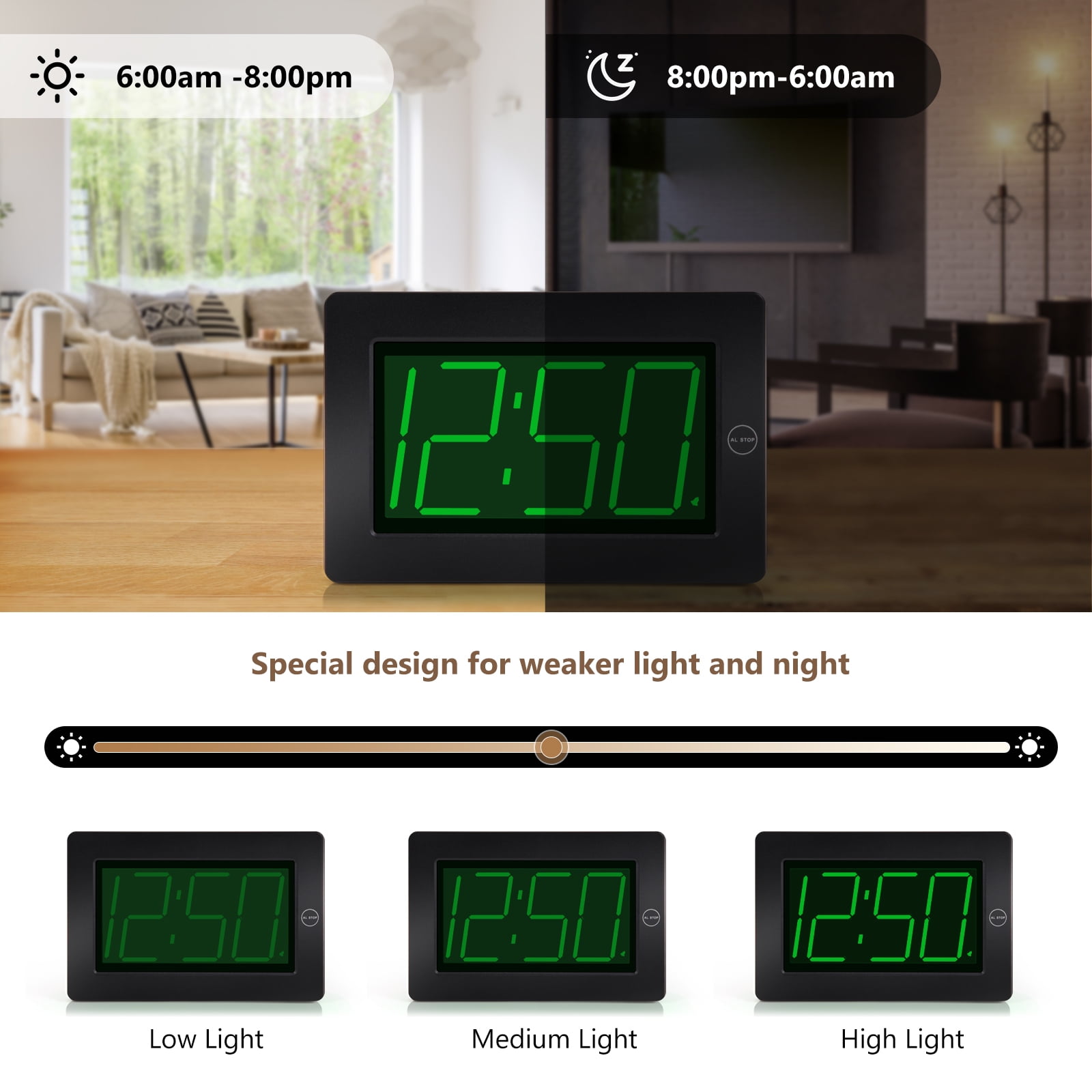 Kwanwa 8" Digital Wall Clock, Alarm Clock Battery Operated, Auto Dimmer Mode, Tabletop, Bedroom, Living Room, Office