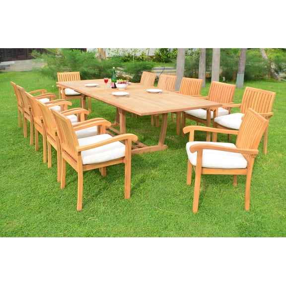 Teak Dining Set:12 Seater 13 Pc - Large 118" Mas Rectangle Table(Trestle Leg) and 12 Stacking Napa Arm Chairs Outdoor Patio Grade-A Teak Wood WholesaleTeak #WMDSNPn