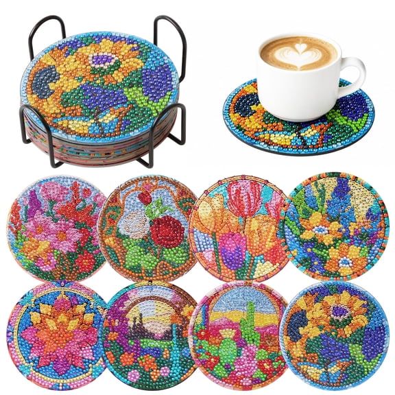 TARNIQOZ 8PCS Diamond Art Coasters Kit, Flowers Diamond Painting Coasters for Adult, Non-Slip Full Drill DIY Diamond Dot Coaster Art Supplies with Holder for Home Decor House Warming