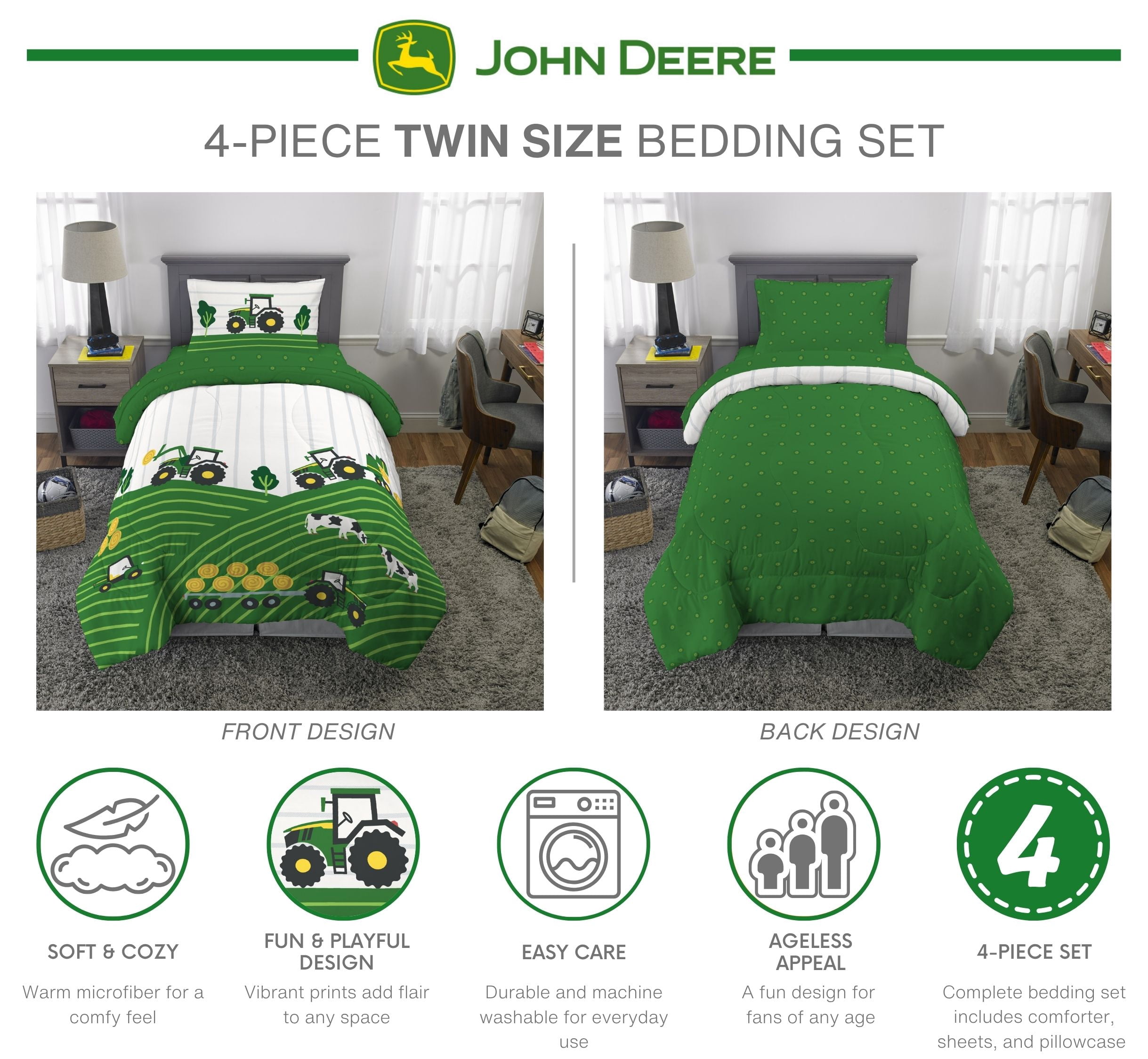 John Deere Kids 4 Piece Green White Reversible Comforter, Bed in a Bag, Twin
