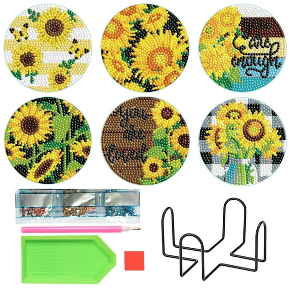 6pcs DIY Diamond Painting Coaster Kit with Beautiful Sunflower Design and Stand, Perfect for Home Decor and Gift Giving
