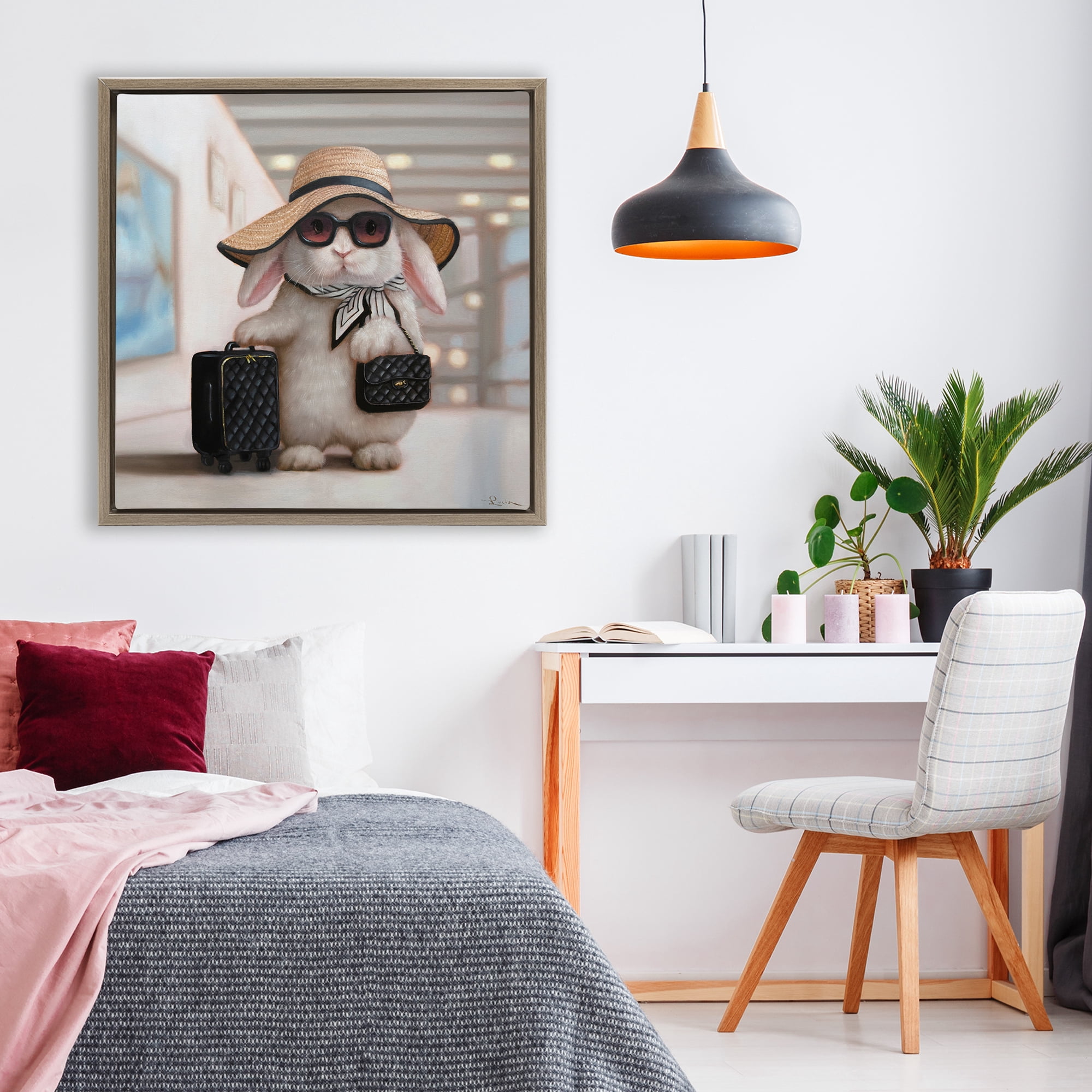Stupell Industries Bun Voyage Traveling Rabbit Brown Framed Floater Canvas Wall Art, design by Lucia Heffernan