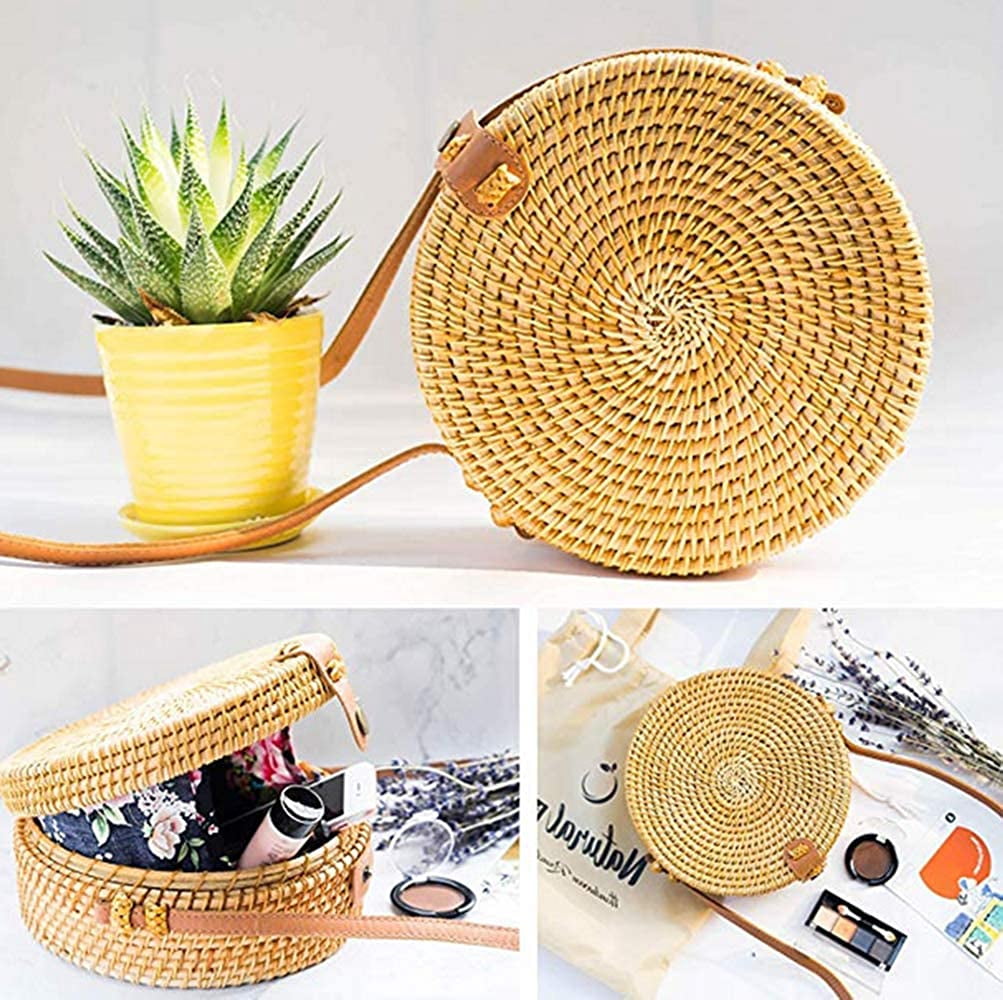 Zhuge Handwoven Round Rattan Straw Bag for Women Shoulder Leather Button Straps Natural Chic Handmade Boho Bag Bali Purse