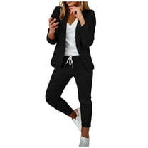 Scyoekwg Two Piece Blazer Outfits Women Business Office Work 2 Piece Sets Long Sleeve Coat Suit Pants Matching Outfits Casual Two Piece Set Fashion Outfits Sets (Black,XXL)