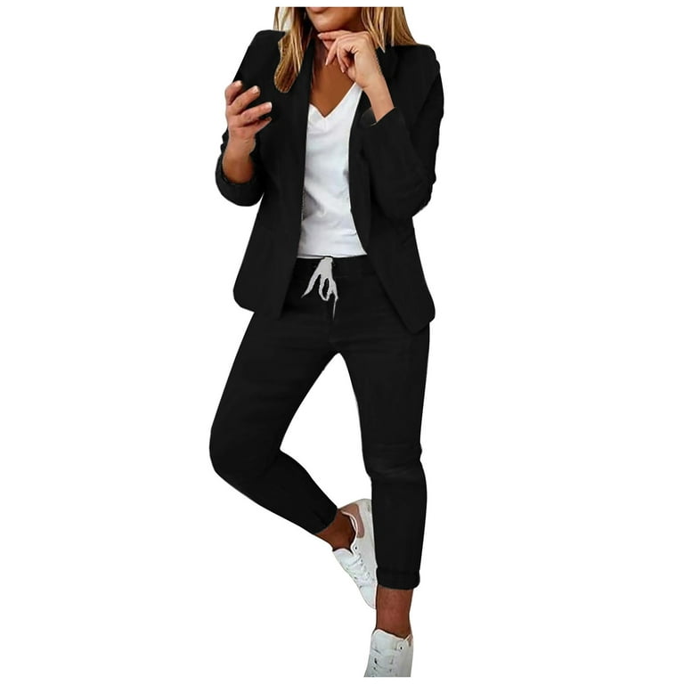 Puntoco Plus Size Womens Pants Clearance,Women's Long Sleeve Solid Suit  Pants Elegant Business Suit Sets Black 12(XXL) 