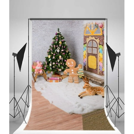 Image of 5x7ft Christmas Decoration Tree Backdrop Gingerbread Carpet Reindeer Gifts Cartoon Door Rustic Wood Floor Brick Wall Interior Photography Background Kids Adults Photo Studio Props