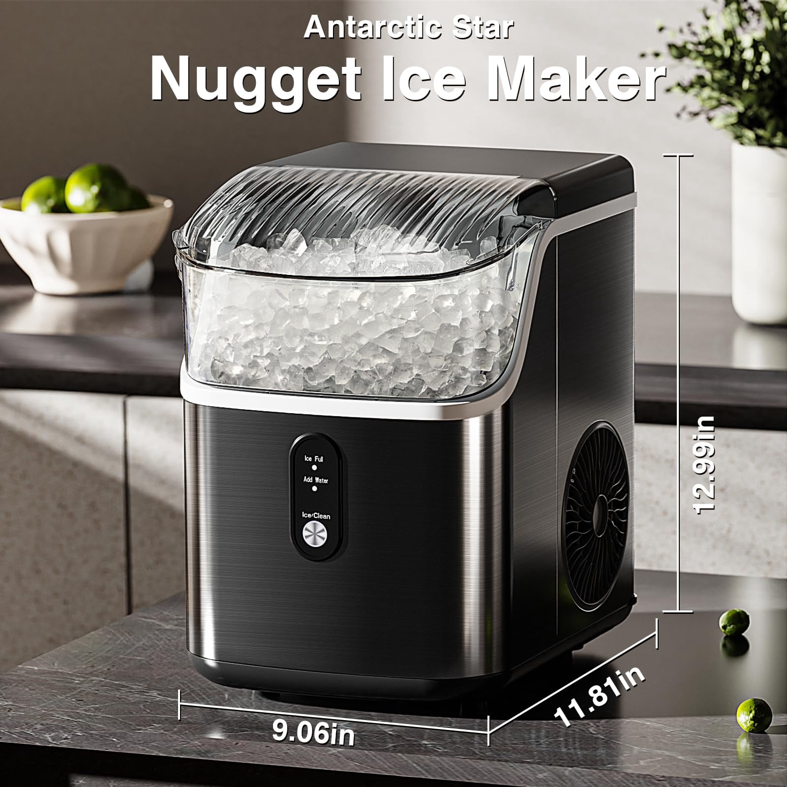 FREE VILLAGE Nugget Ice Makers Countertop,Pebble Ice Maker Machine with Soft Chewable Ice,35lbs/24H,Self-Cleaning,One-Click Operation,Stainless Steel, Crushed ice Maker for Home Kitchen Office