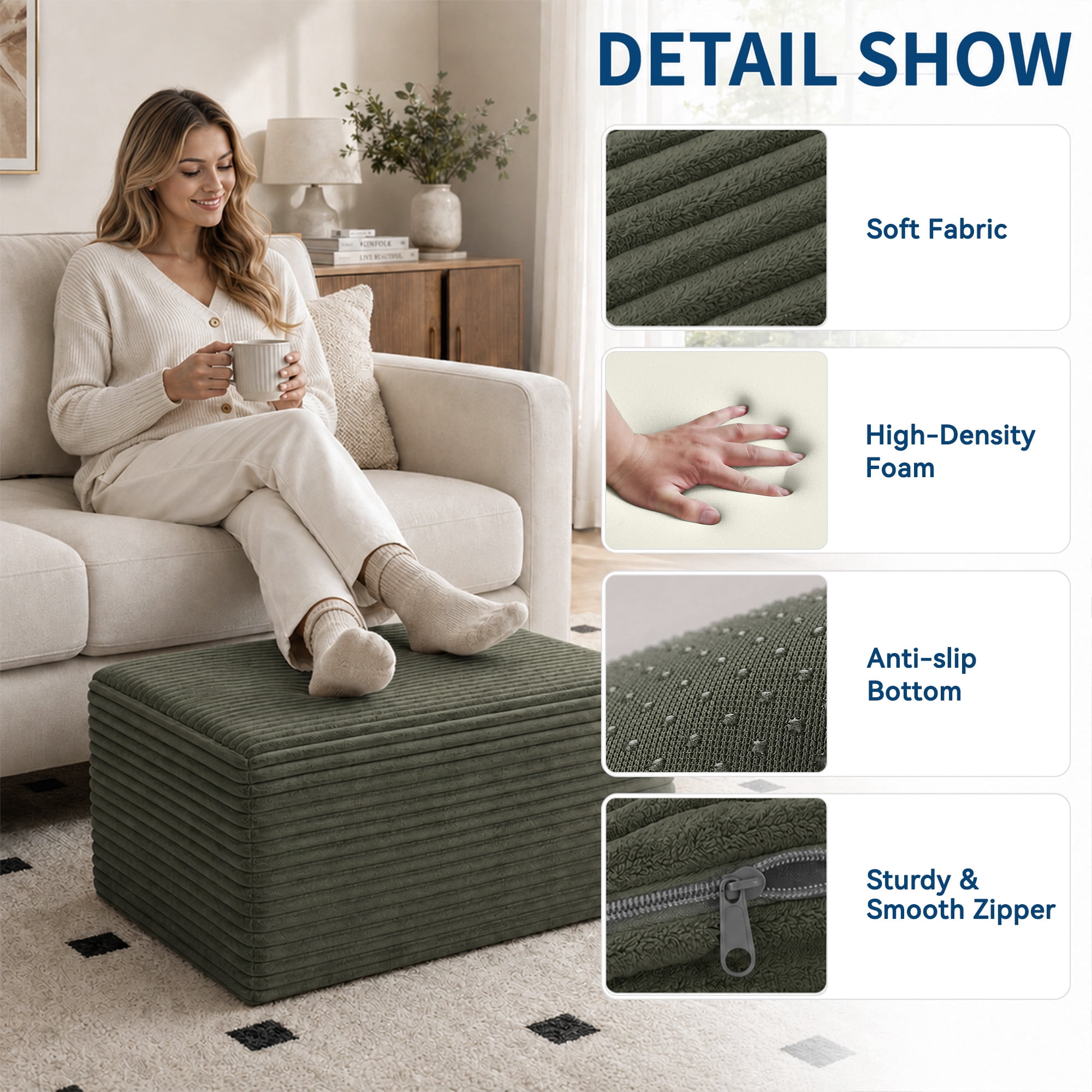IDEALSOUL Corduroy Ottoman, Rectangle Ottoman Foot Rest for Couch, Oversized Modular Sectional Sofa Stool, Extra Seating & Coffee Table for Sofa, Cloud Foot Rest Foam Support, No Assembly Required