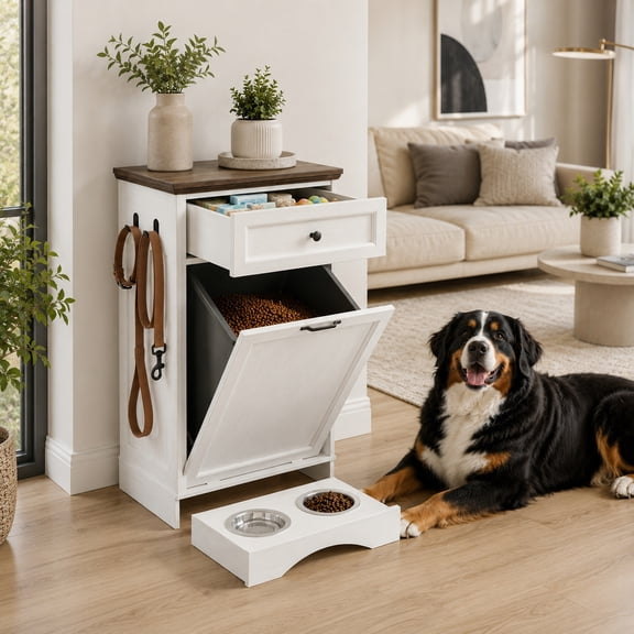 Furnivio Tilt Out Trash Can Cabinet with Dog Bowl, 10 Gallons Dog Food Storage Cabinet, Hidden Trash Can with Hideaway Drawer for Kitchen/Living Room