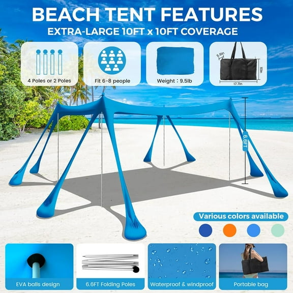 10x10ft Beach Tent Canopy   Shade with UPF50   , 8 Sandbags & 4 Poles for Outdoor Camping Fishing Yard Picnics