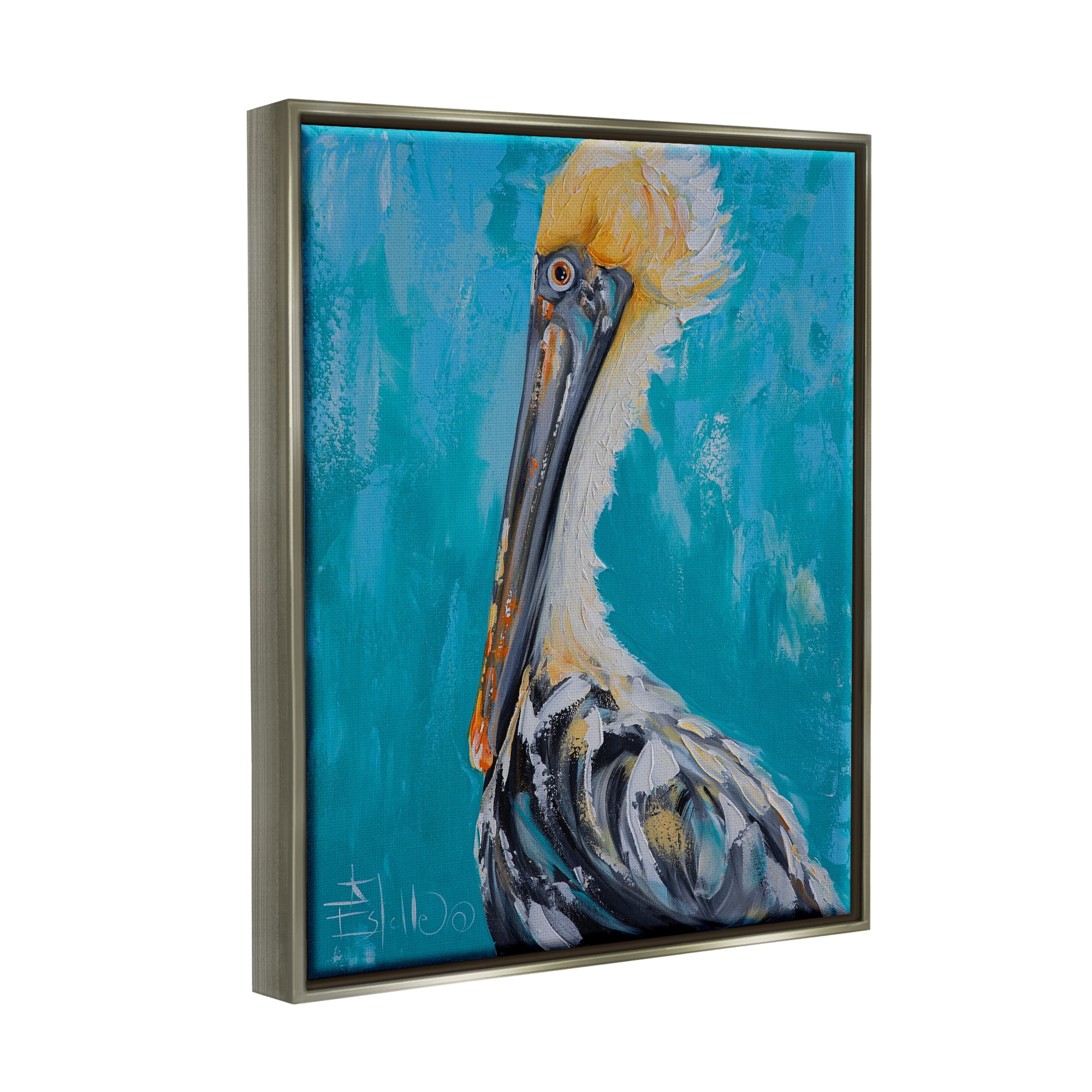 Stupell Industries Blue Pelican Painting Animals & Insects Painting Gray Floater Framed Canvas Art Print Wall Art, 17 x 21