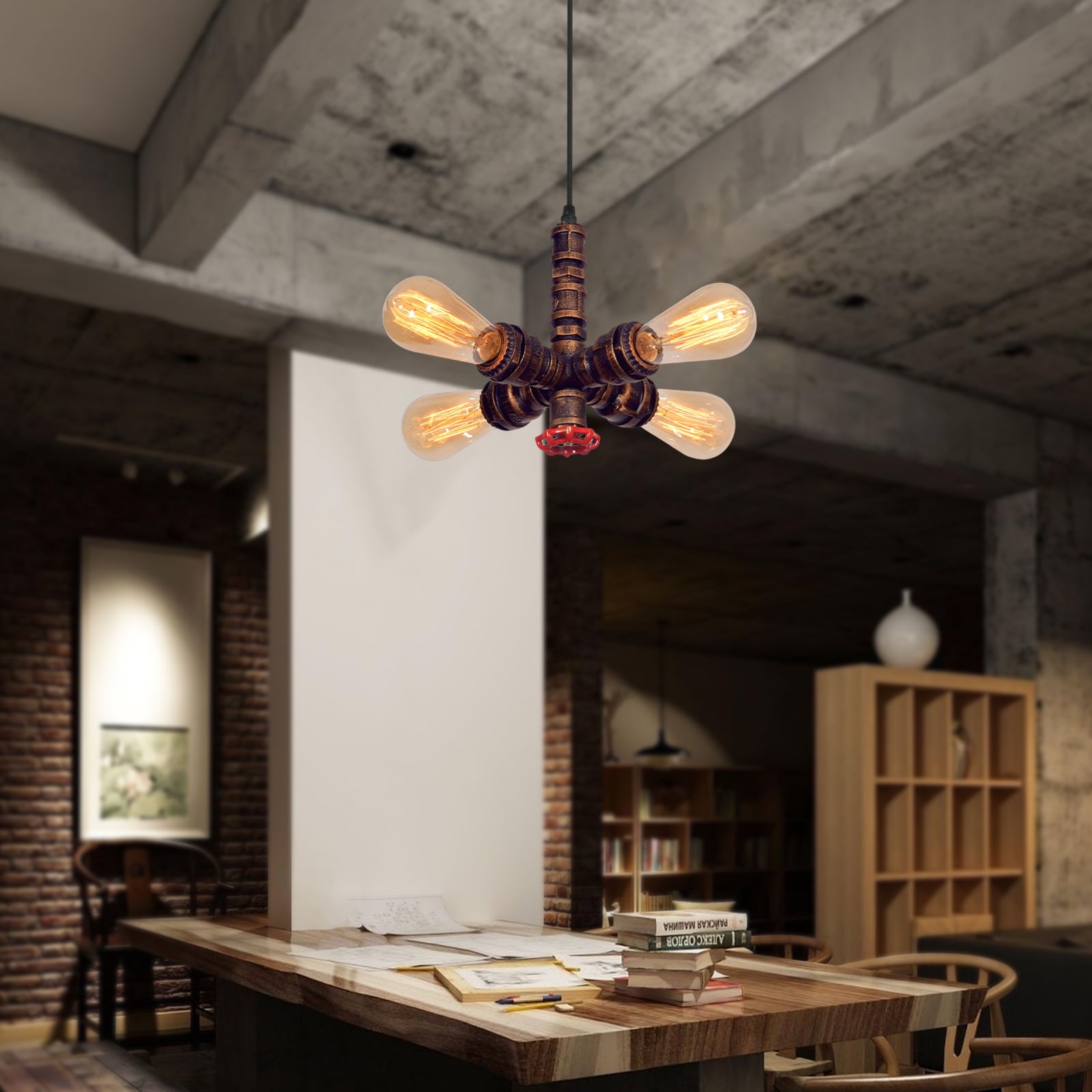 Industrial Vintage Pendant Light, 4 Light Retro Water Pipes Ceiling Ceiling Hanging Lighting Fixture Rustic Chandelier for Restaurant Bar