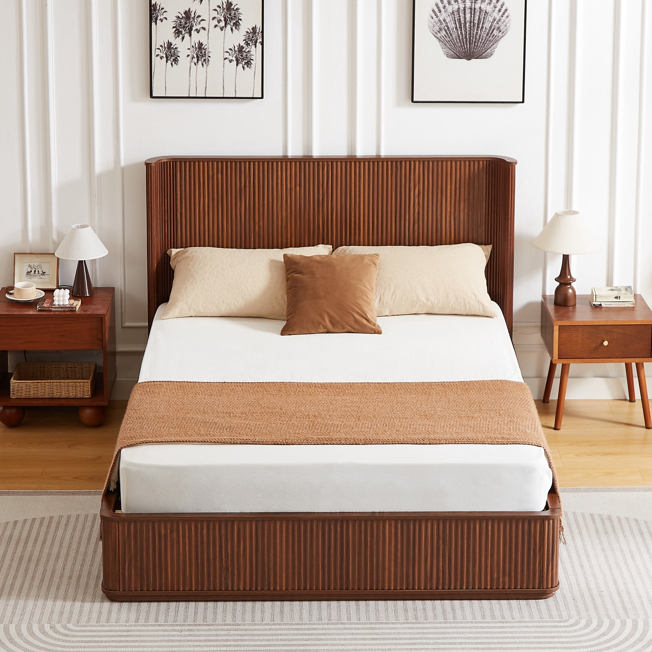 Noble House Queen Platform Bed Frame with 44.49"H Curved Headboard, Wood Slat Support, Walnut