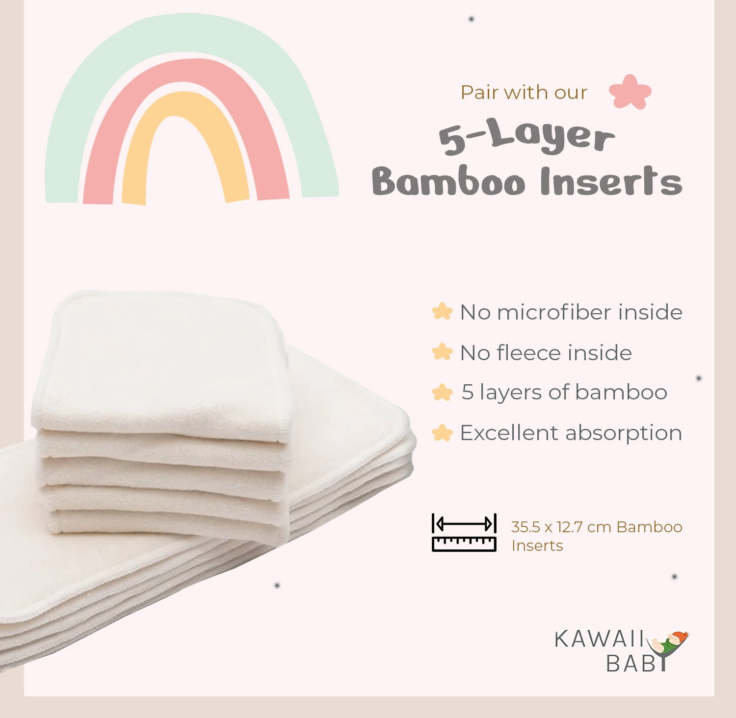 Kawaii Baby Cloth Diaper Bundle  6 Pocket Style with 6  Bamboo Inserts 8-36 lbs | Plus 2 Bibs | Daily & Feeding Use