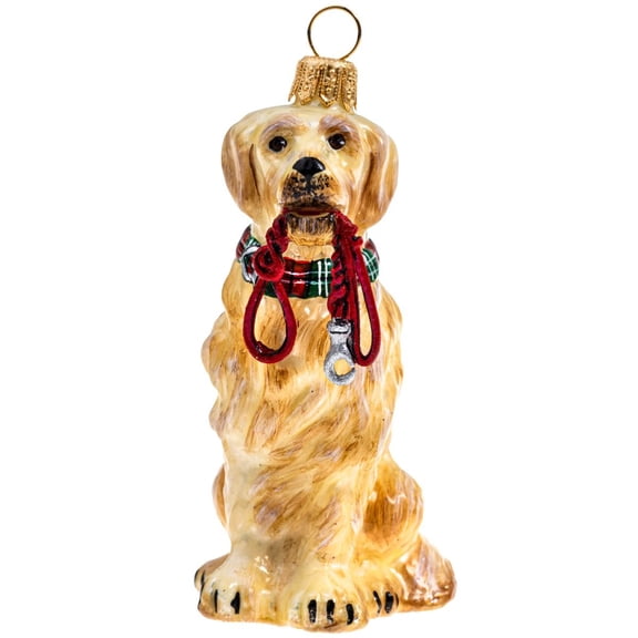 Joy to the World Golden Retriever with Leash and Plaid Collar Polish Ornament