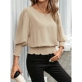 thumbnail image 5 of Women'S 3/4 Sleeve Round Neck Blouses Elastic Waist Hem Smocked Shirts Casual Solid Tops Khaki L, 5 of 9