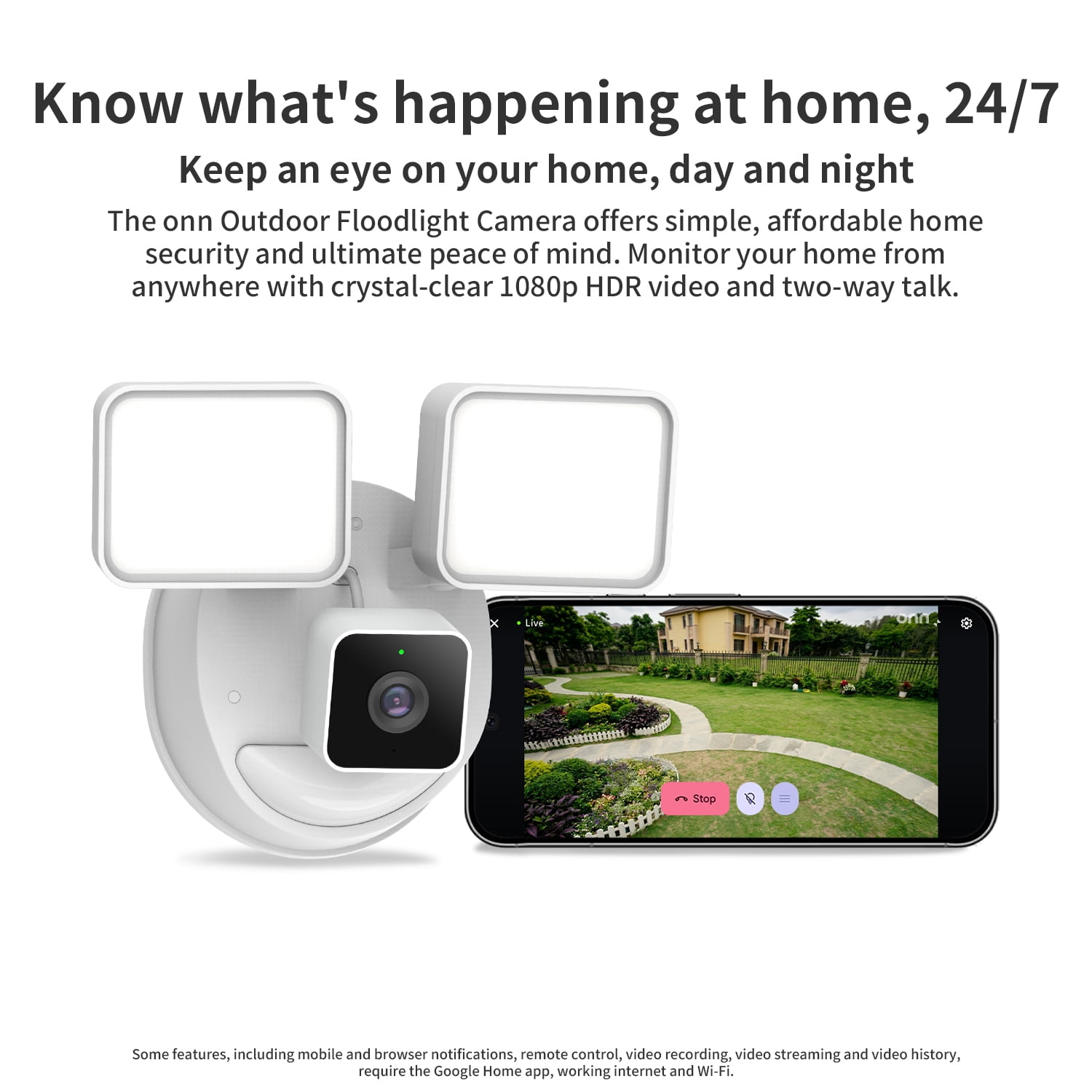 onn Outdoor Floodlight Camera Hardwired , 1080p HDR Video | with Google Home and Gemini – Search Video History, Event Descriptions