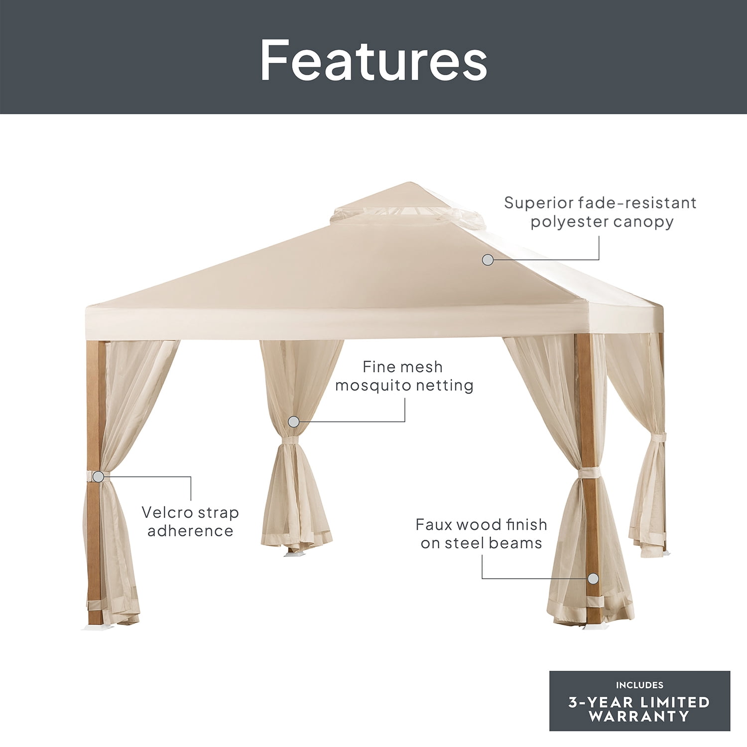 Better Homes & Gardens Marlow 10ft x 10ft Gazebo with Mosquito Netting