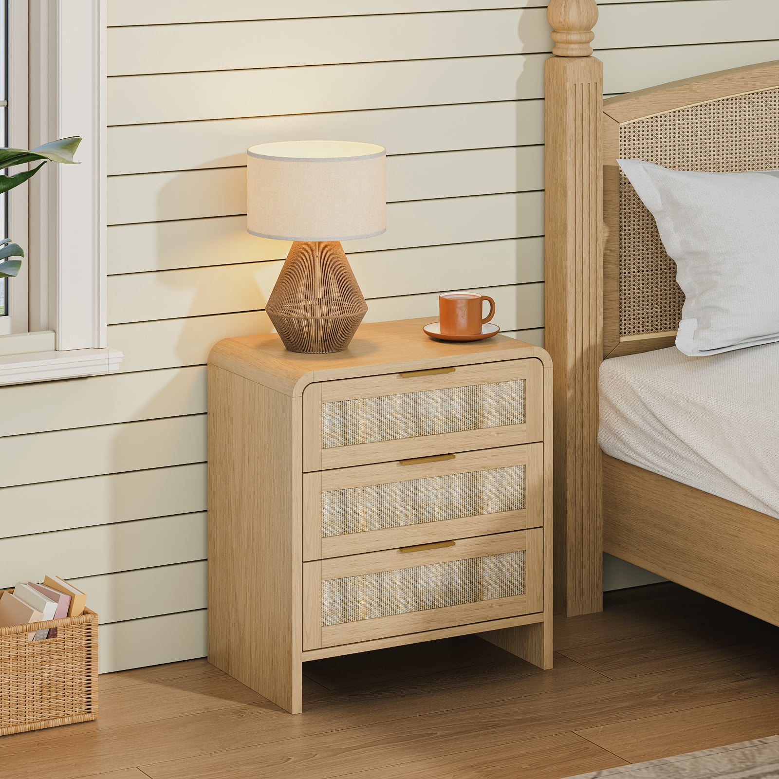 Rattan Nightstand with 3 Drawers, 22.8 Inch Curved Wooden Bedside Table with Gold Handles, Modern Storage for Bedroom, Stylish, Natural Oak
