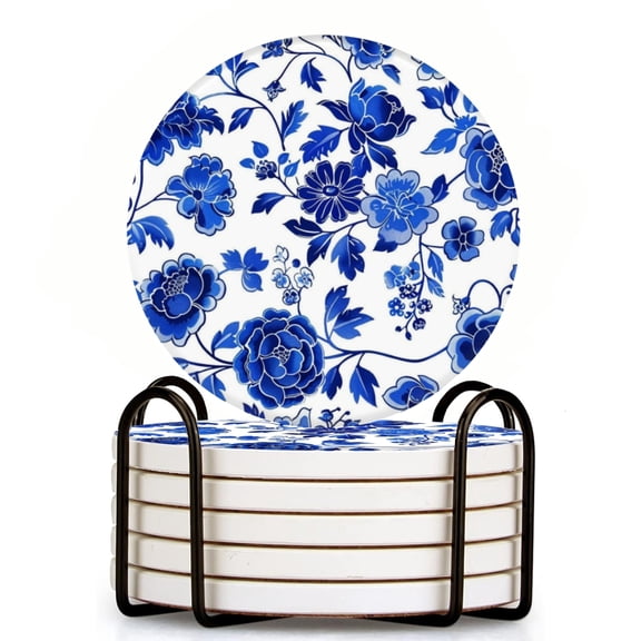 Blue And White Porcelain Pattern In Blue Set of 6 Ceramic Coasters with Holder, Absorbent Drink Bar Coasters, Table Coasters for Living Room Decor Tabletop Protection