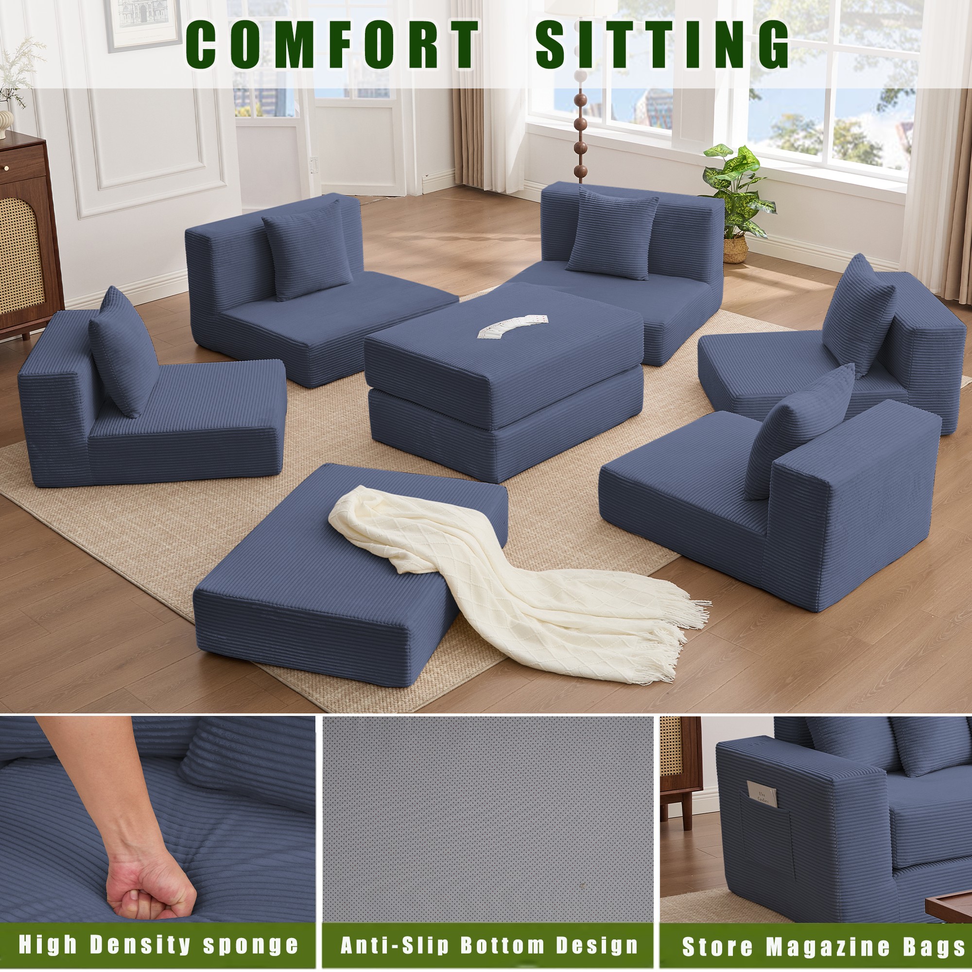 Leumius Convertible Sectional Sofa,Corner Couch,Convertible Floor Sleeper Sofa,10-in-1 Corduroy Modular Sofa,Free Combination Sofa,No Assembly,6 Pillows,Blue