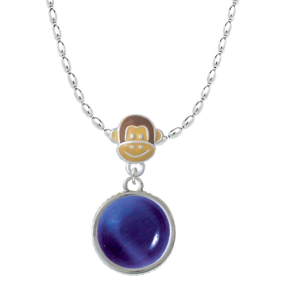 Delight Jewelry Silvertone Round - Imitation Cat's Eye - Blue - Mia Monkey Charm Necklace