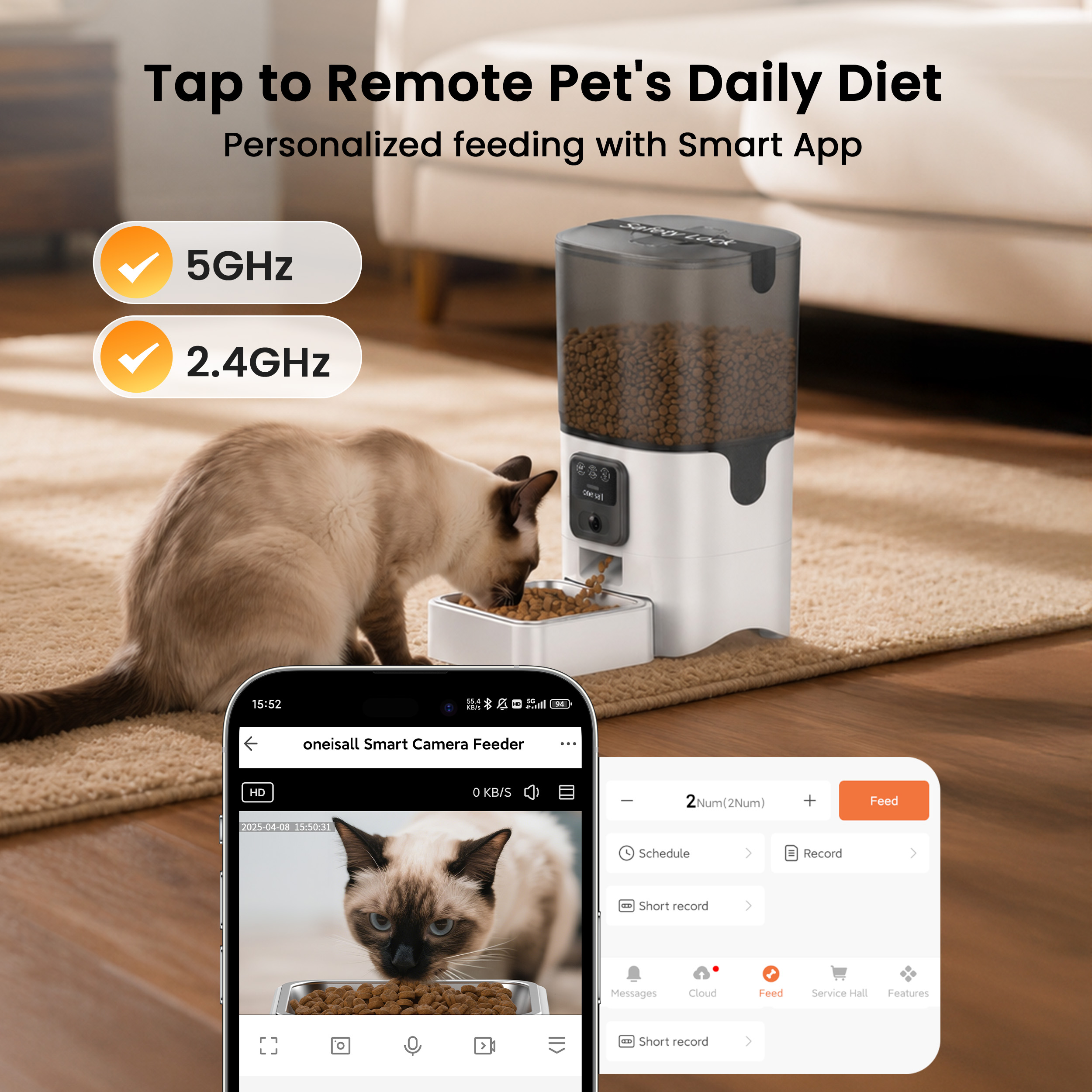 Oneisall Automatic Cat Feeder with Camera, 6L, White photo 3