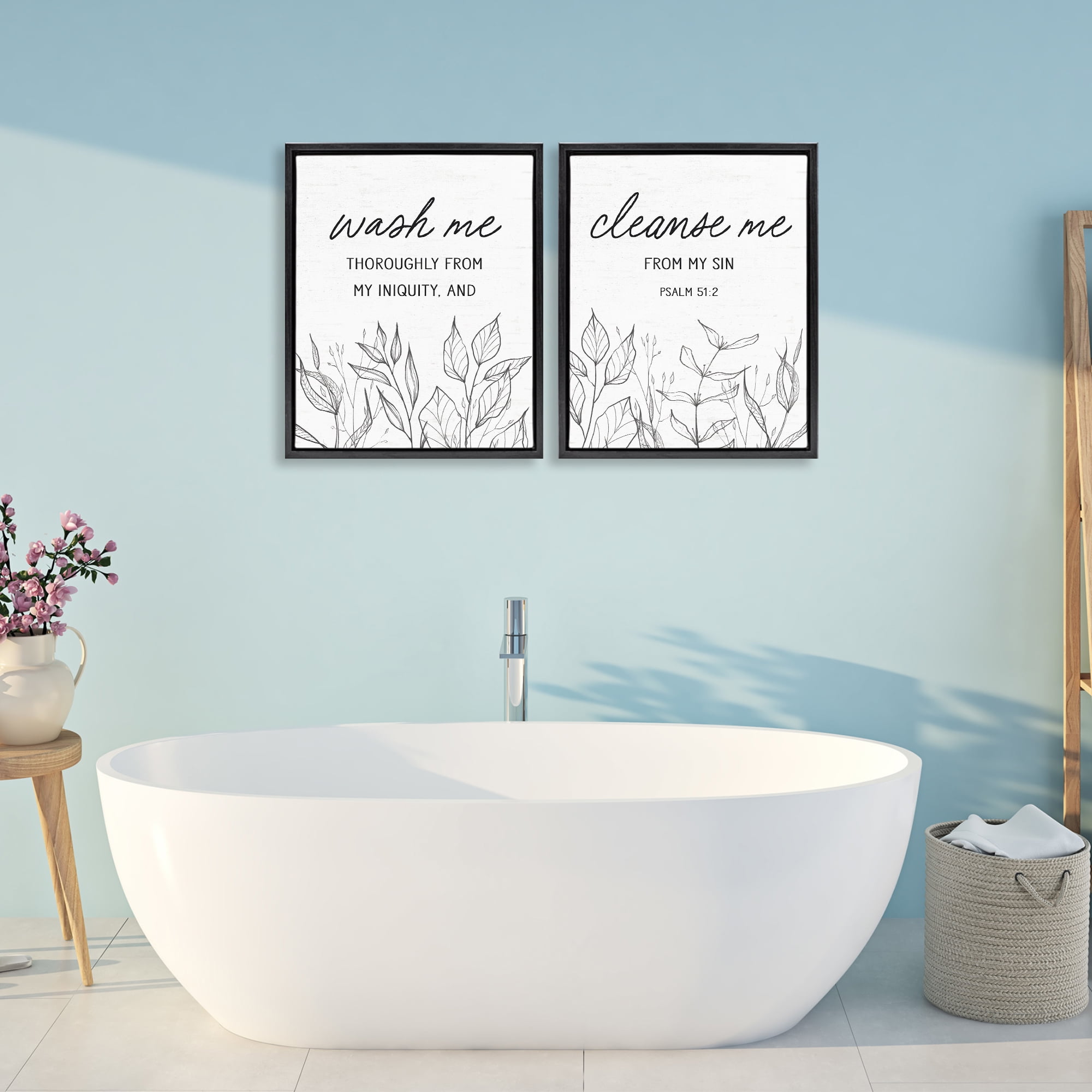 Wash & Cleanse Me Scripture 2 Piece Black Framed Floater Canvas Set, design by Lettered and Lined