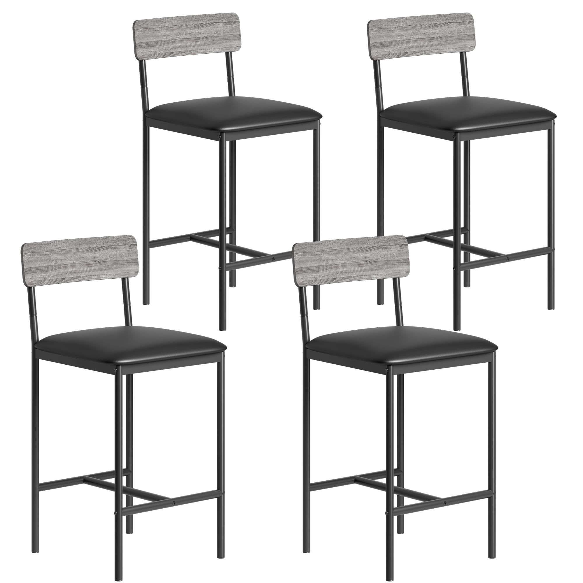 Twister.CK Upholstered Bar Stools Set of 4, Bar Chairs with Back & Footrest, 25.5" Kitchen Counter Height Barstools for Island, Counter Bar, Black